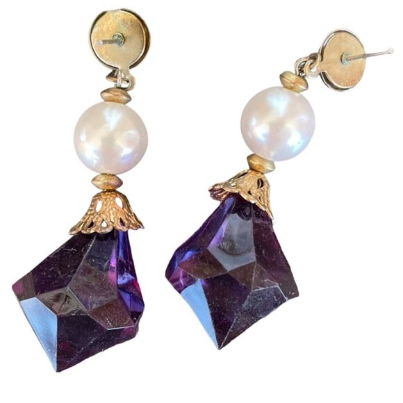 Gold Purple Drop Post Earrings Faux Pearl Faux Faceted Crystal Fashion Jewelry - Picture 3 of 5